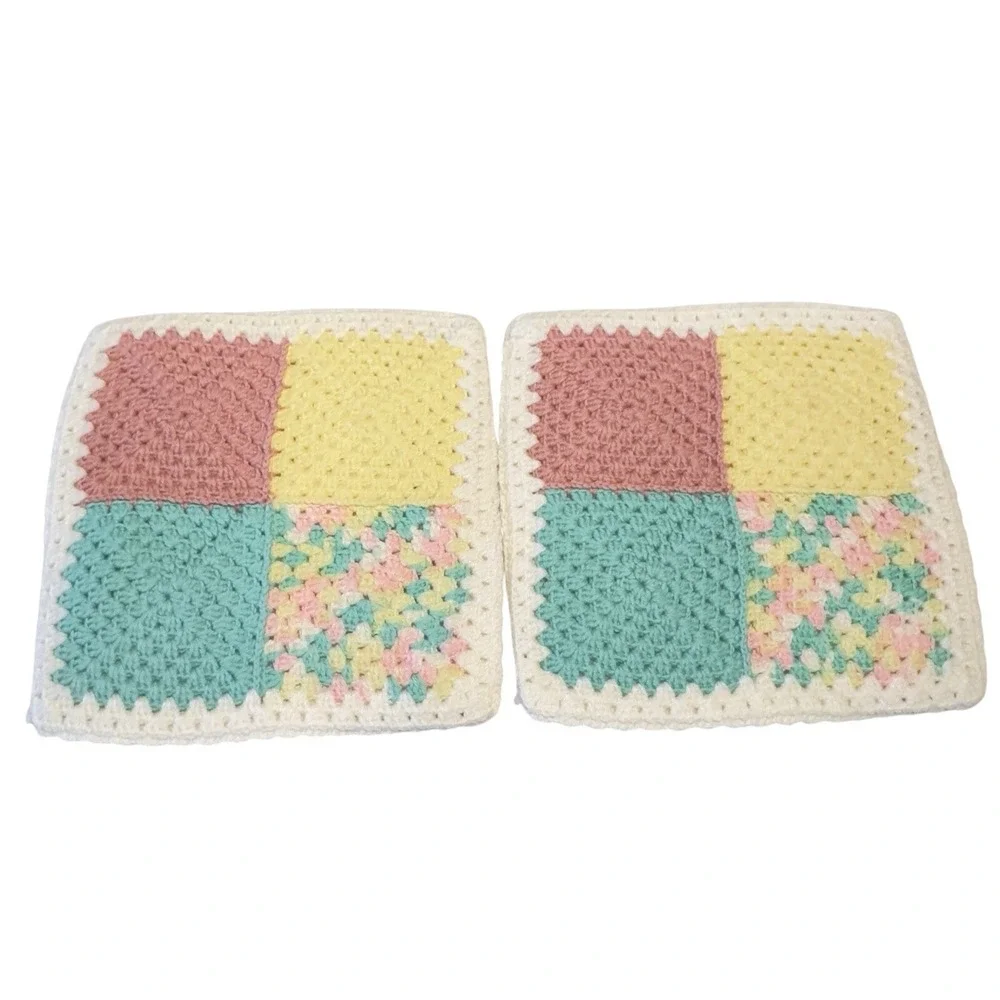 Set 2 Vtg Large Handmade Crochet Hot Pad Trivet Multicolored Thick Double Layers